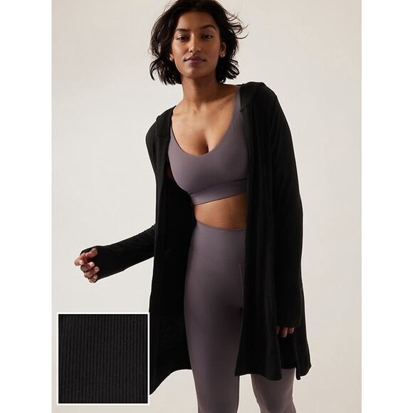 Athleta Jackets & Blazers - Athleta Harmony Pose Wrap M Black Ribbed Hooded Cardigan Open Front Thumbholes
